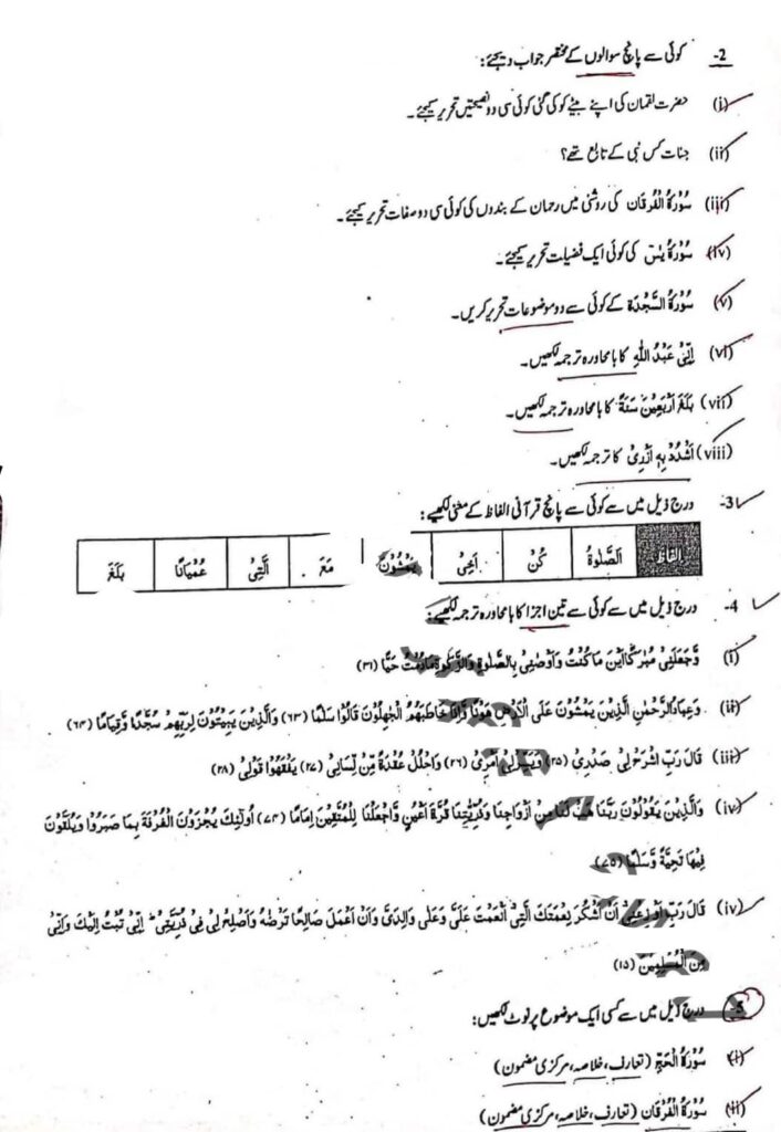 Tarjamatul Quran Class 9 Guess Paper