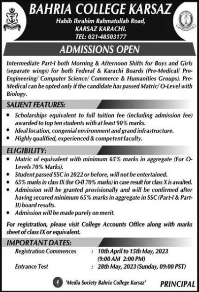 Bahria College Karsaz Admission 2023